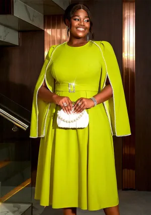 Show-Stopping Cape Sleeve Formal Party Midi Dress with Embellished Details
