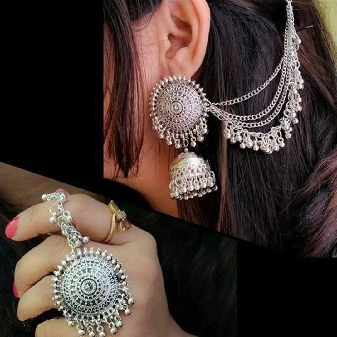 Silver Bahubali Chain Jhumka With Maang Tikka