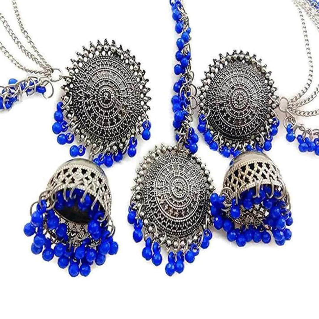 Silver Blue Bahubali Chain Jhumka With Maang Tikka