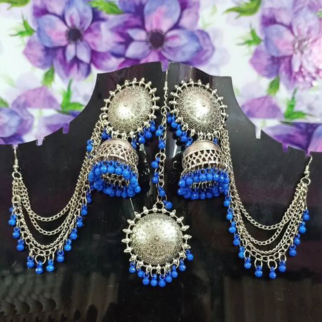 Silver Blue Bahubali Chain Jhumka With Maang Tikka