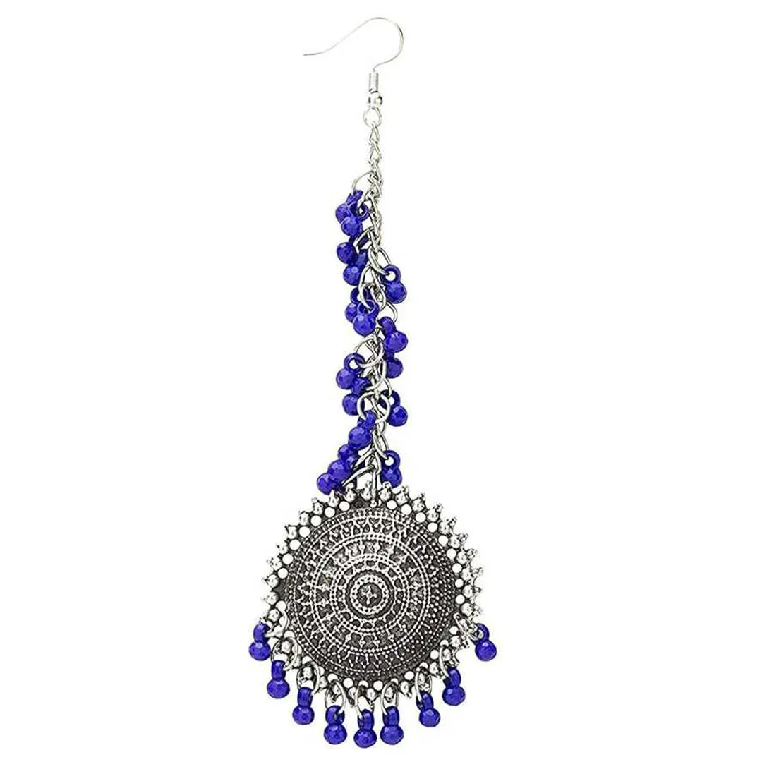 Silver Blue Bahubali Chain Jhumka With Maang Tikka