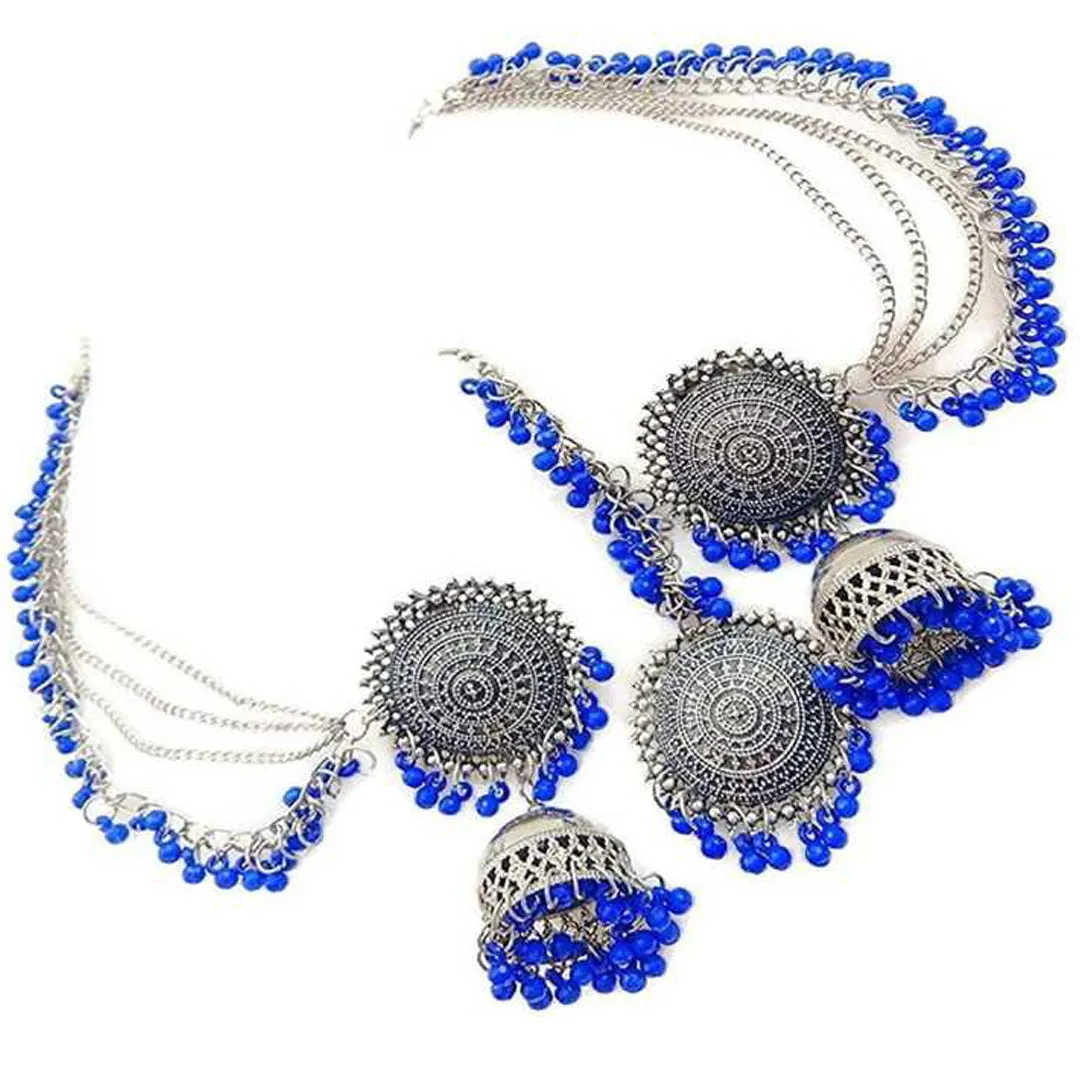 Silver Blue Bahubali Chain Jhumka With Maang Tikka