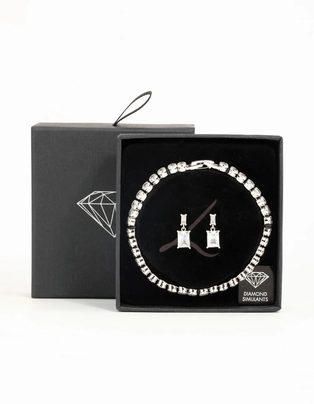 Silver Diamante Rectangle Drop Earrings & Bracelet Set