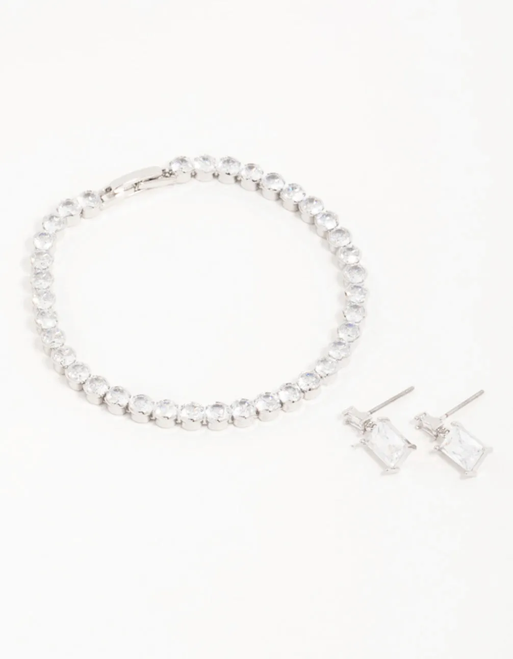 Silver Diamante Rectangle Drop Earrings & Bracelet Set