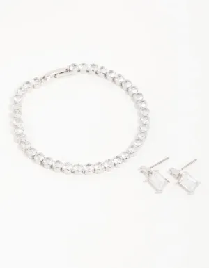 Silver Diamante Rectangle Drop Earrings & Bracelet Set