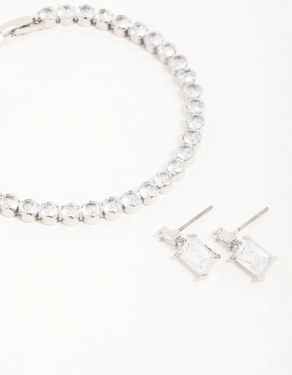 Silver Diamante Rectangle Drop Earrings & Bracelet Set
