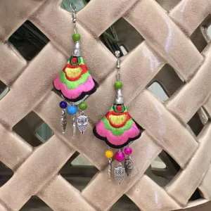 Silver Plated Earring with Multicolored Embroidered Floral & Owl beads Hook Earrings