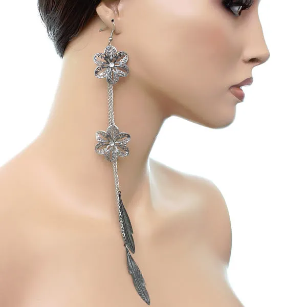 Silver Snowflake Leaf Chain Earrings