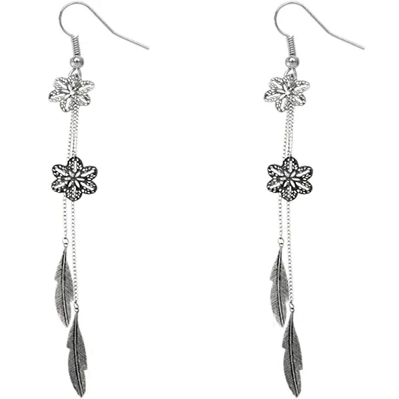 Silver Snowflake Leaf Chain Earrings