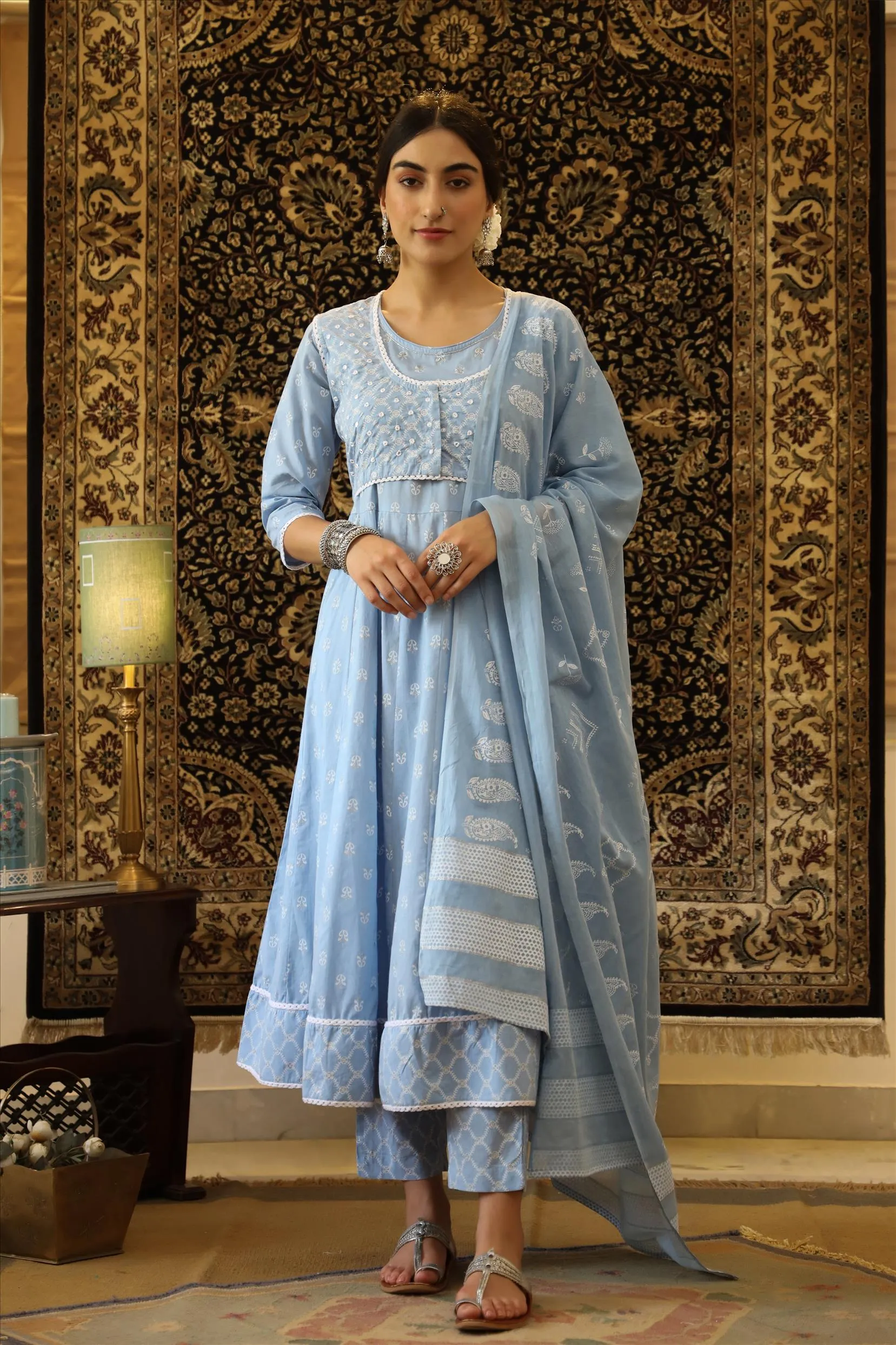 Sky Blue Cotton Block Print Anarkali Pant Dupatta Jacket Suit Set
