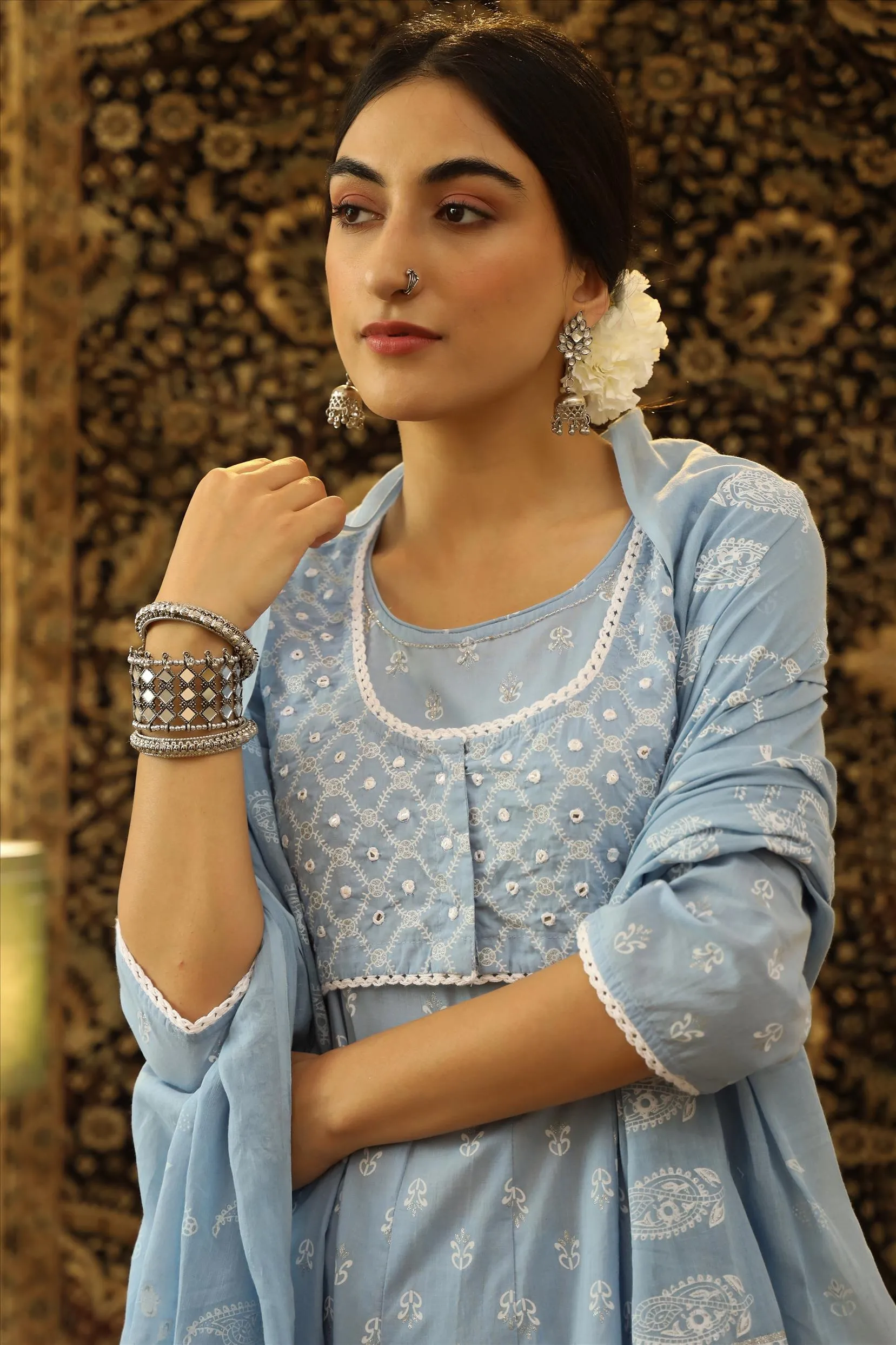 Sky Blue Cotton Block Print Anarkali Pant Dupatta Jacket Suit Set