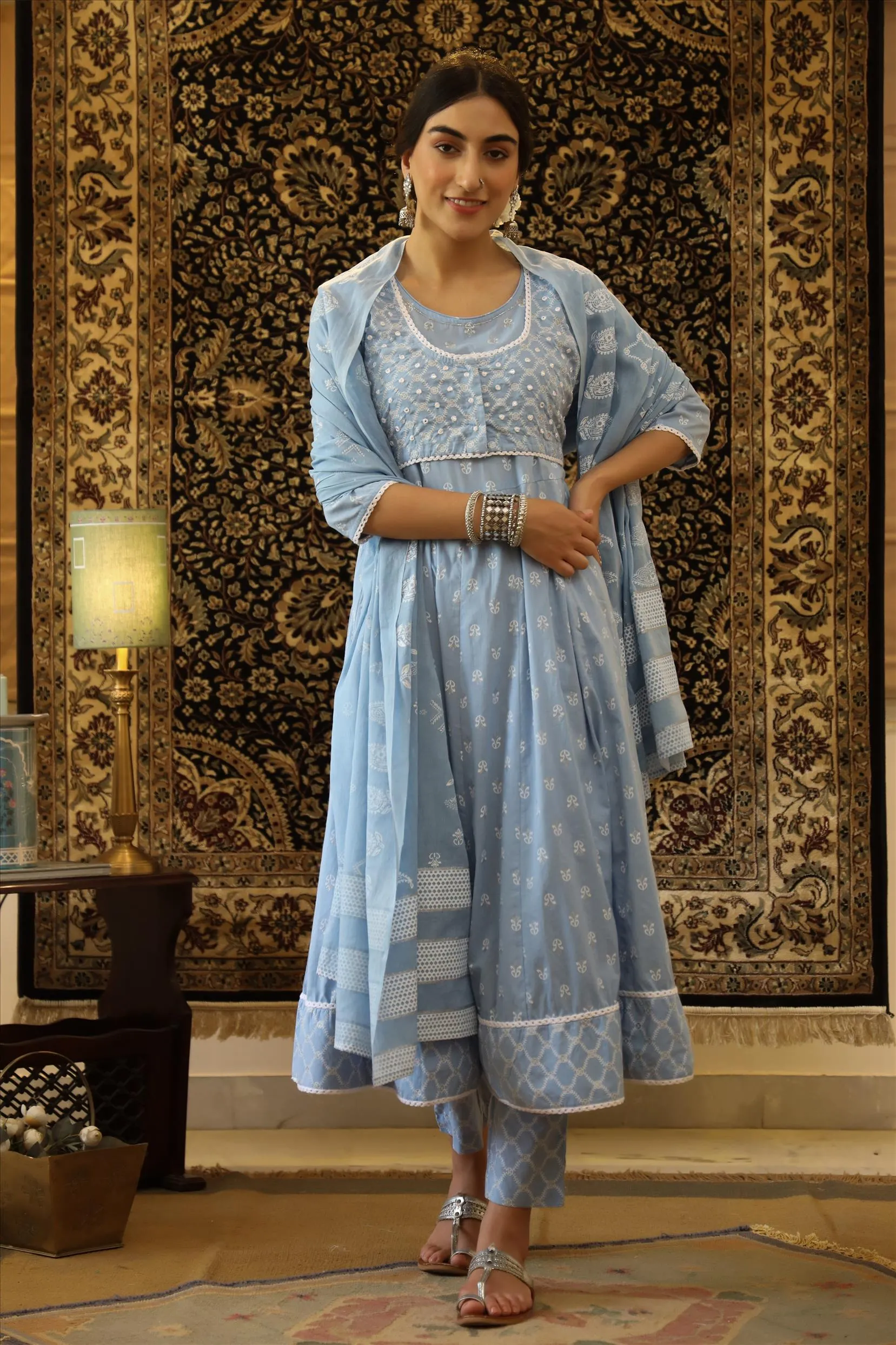 Sky Blue Cotton Block Print Anarkali Pant Dupatta Jacket Suit Set
