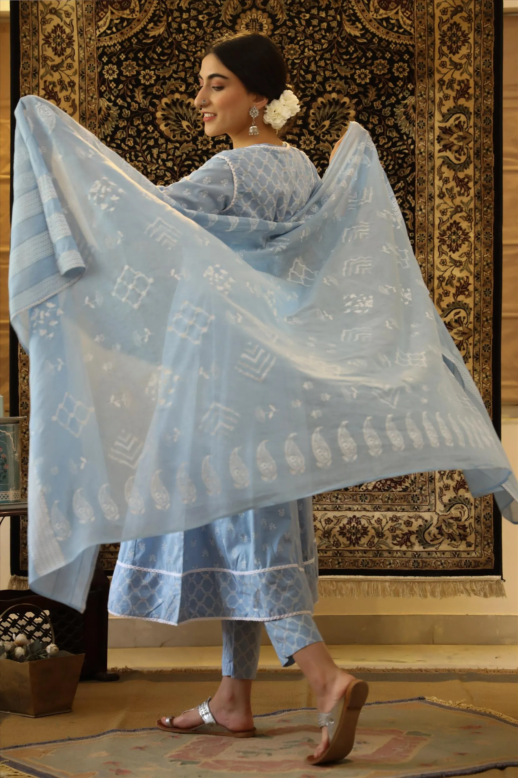 Sky Blue Cotton Block Print Anarkali Pant Dupatta Jacket Suit Set