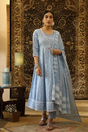 Sky Blue Cotton Block Print Anarkali Pant Dupatta Jacket Suit Set