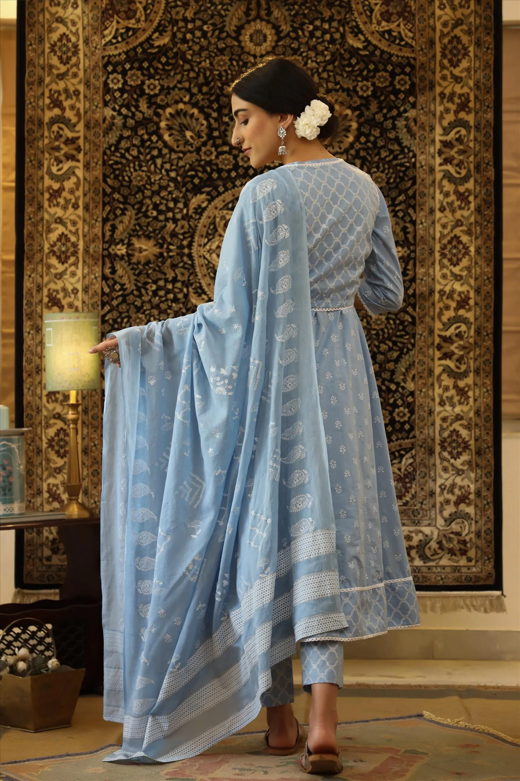 Sky Blue Cotton Block Print Anarkali Pant Dupatta Jacket Suit Set