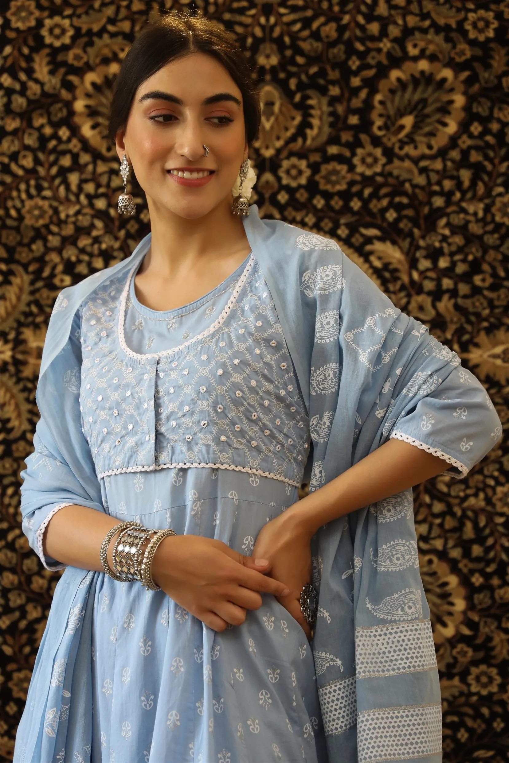 Sky Blue Cotton Block Print Anarkali Pant Dupatta Jacket Suit Set
