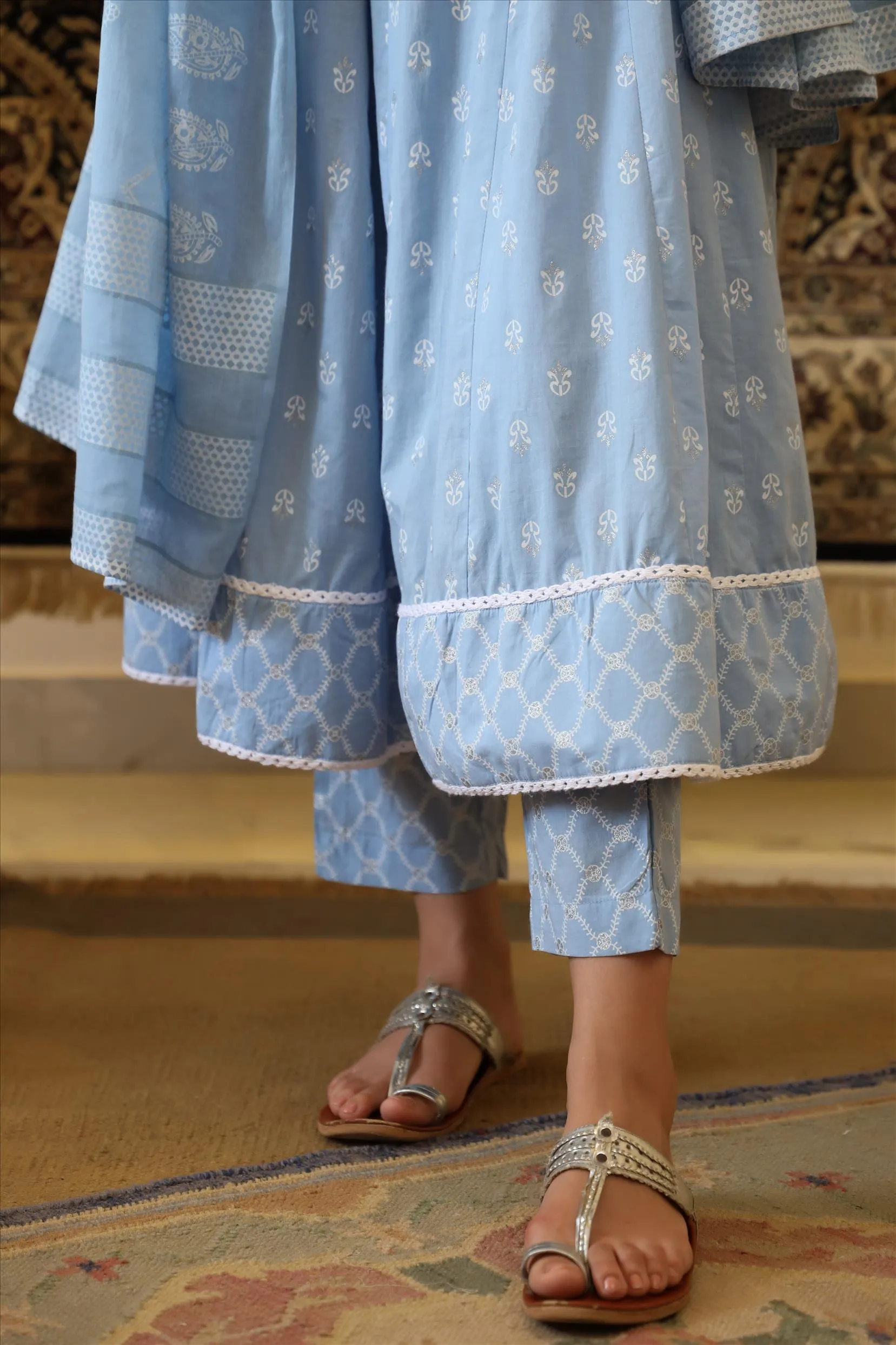 Sky Blue Cotton Block Print Anarkali Pant Dupatta Jacket Suit Set