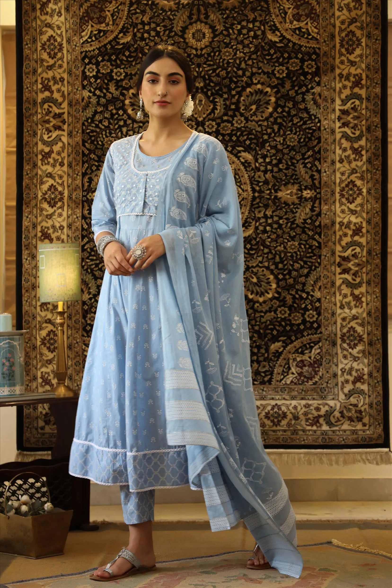 Sky Blue Cotton Block Print Anarkali Pant Dupatta Jacket Suit Set