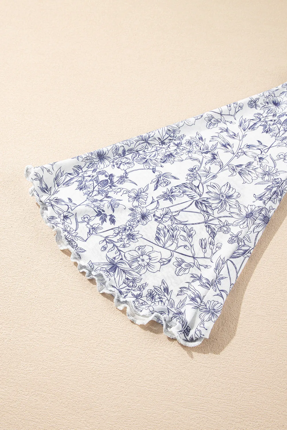 Sky Blue Floral Bell Sleeve Mock Neck Crop Mesh Top
