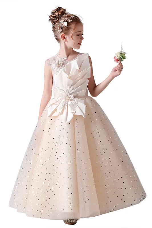 Sleeveless Appliques Pleats Princess Flower Girl Dresses With Bow