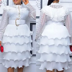 Solid Long Sleeve Ruffled Design Layered Lace Plus Size Dress