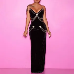 Solid Sleeveless Chains Decoration Evening Dress
