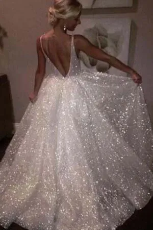 Sparkly V-neck Backless Sweep Train Sequin Shiny Long Ivory Princess Prom Dresses