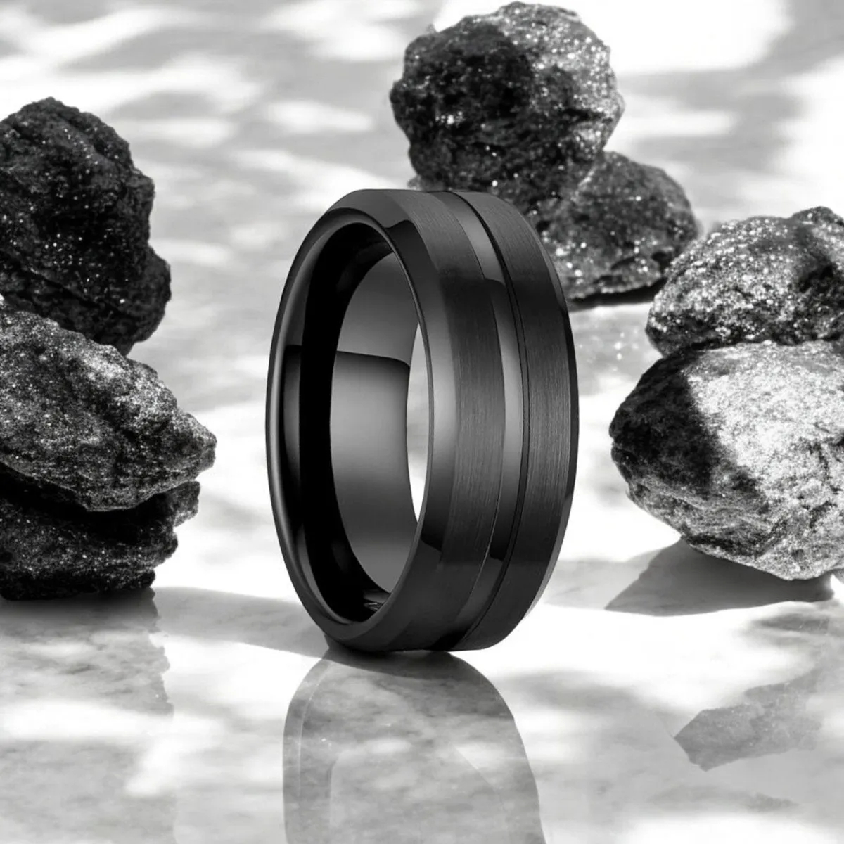 SQUAD | Black Tungsten Ring, Black Shiny Groove, Beveled