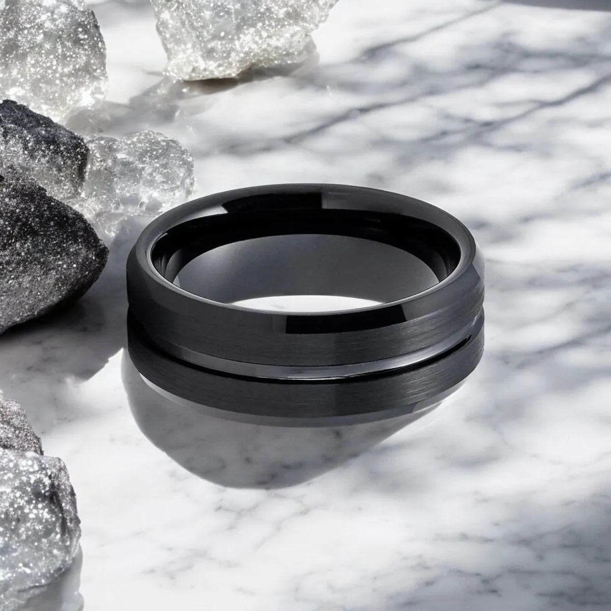 SQUAD | Black Tungsten Ring, Black Shiny Groove, Beveled