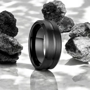 SQUAD | Black Tungsten Ring, Black Shiny Groove, Beveled