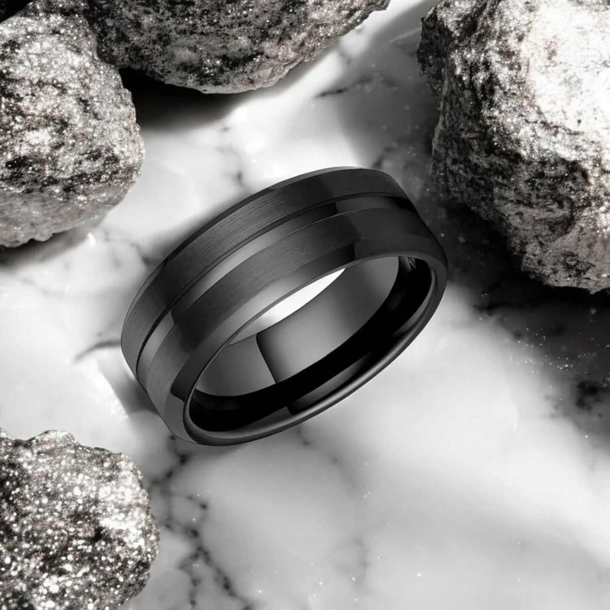SQUAD | Black Tungsten Ring, Black Shiny Groove, Beveled