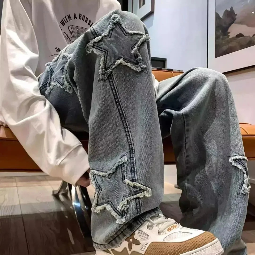 Stars Patchwork Y2K Tassel Jeans – Men's Hip Hop Streetwear