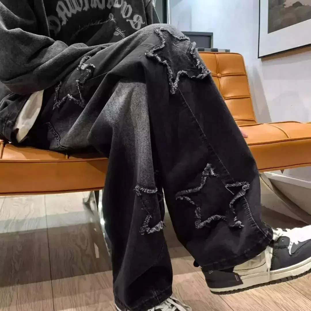 Stars Patchwork Y2K Tassel Jeans – Men's Hip Hop Streetwear