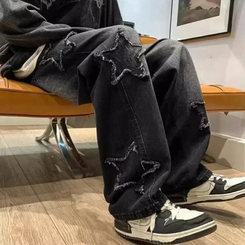 Stars Patchwork Y2K Tassel Jeans – Men's Hip Hop Streetwear