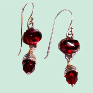 Sterling Silver Earrings, dangling earrings , Israeli Jewelry, Garnet & Crystal