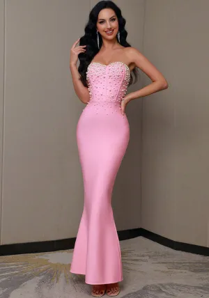 Strapless Beaded Bodycon Evening Gown with Flared Hem