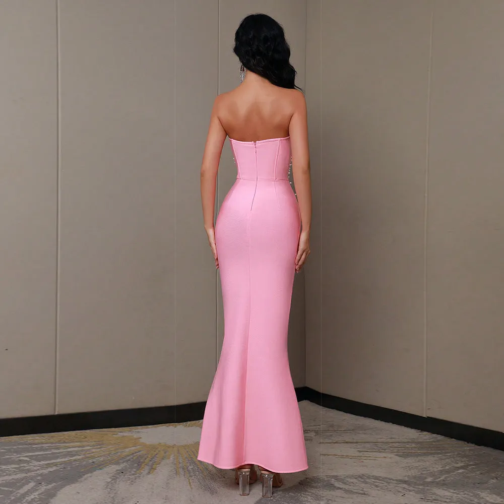 Strapless Beaded Bodycon Evening Gown with Flared Hem