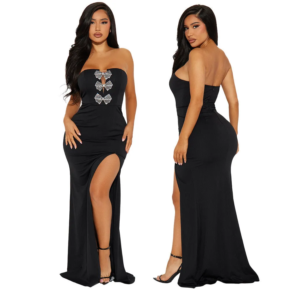 Strapless Gown with Dazzling Diamond Bow and Elegant Slit Design
