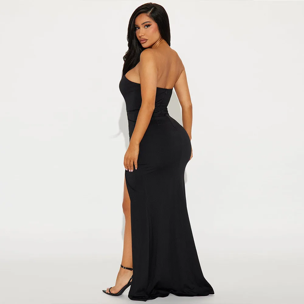 Strapless Gown with Dazzling Diamond Bow and Elegant Slit Design
