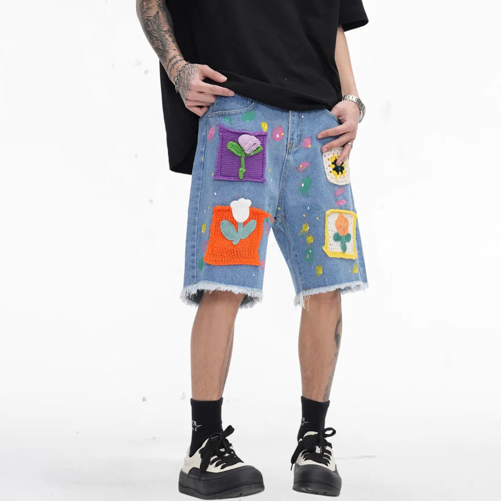Street Patch Flower Embroidered Shorts