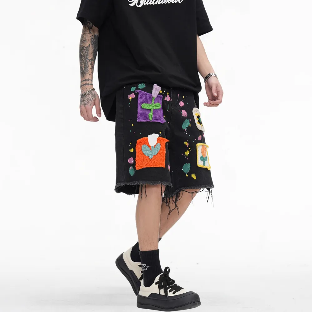 Street Patch Flower Embroidered Shorts