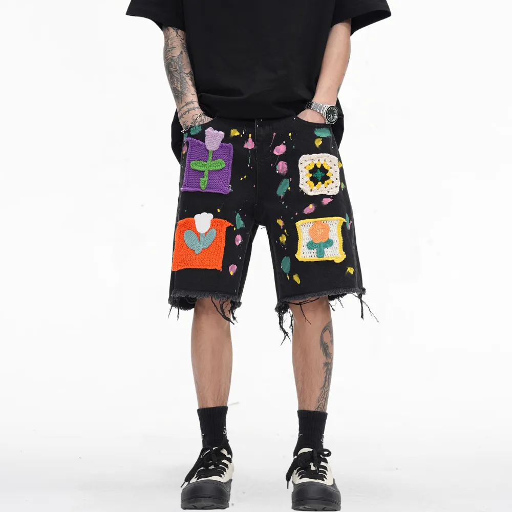 Street Patch Flower Embroidered Shorts