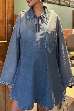 Street Pocket Patchwork Zipper Turndown Collar Long Sleeve Loose Denim Dresses