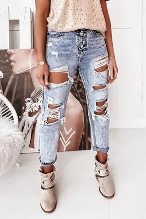 Street Solid Ripped Hollowed Out Regular Jeans