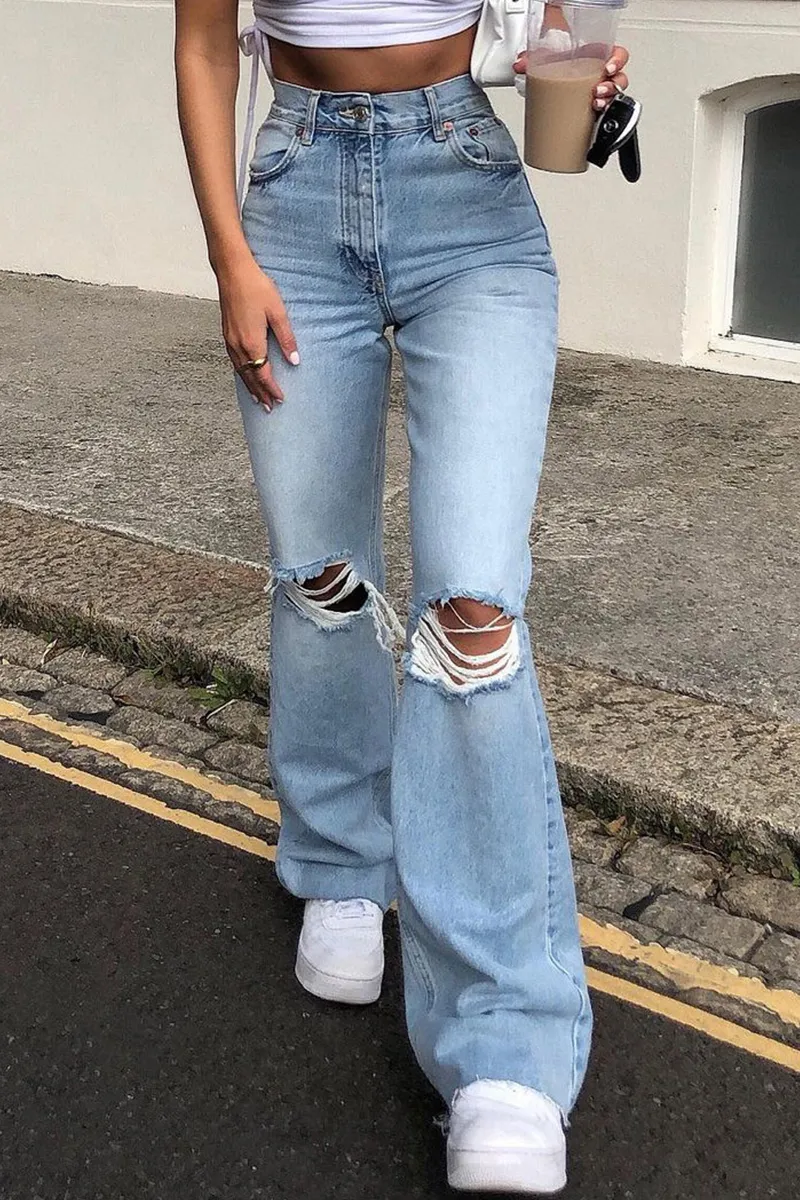 Street Solid Ripped Make Old Boot Cut Bottoms(3 Colors)