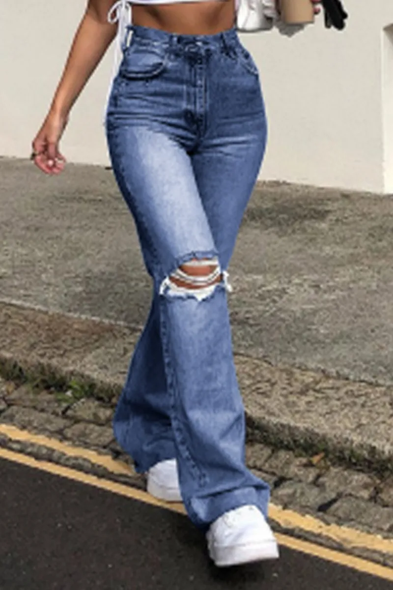Street Solid Ripped Make Old Boot Cut Bottoms(3 Colors)