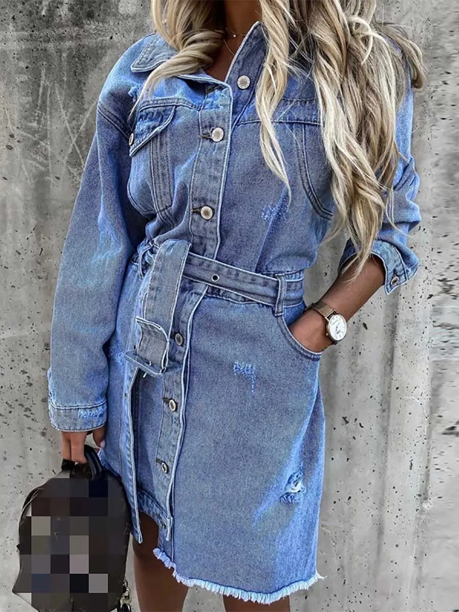 Stunncal Cowboy Lapel Long Sleeve Single Breasted Slim Fit Dress