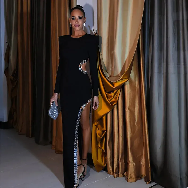 Stunning High-Slit Black Gown with Open Waist and Padded Shoulders