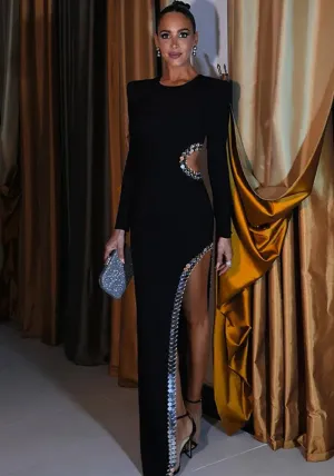 Stunning High-Slit Black Gown with Open Waist and Padded Shoulders
