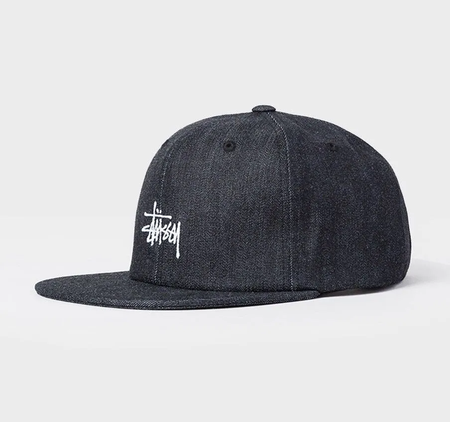 Stussy Basic Logo Smooth Denim Strapback Cap Black
